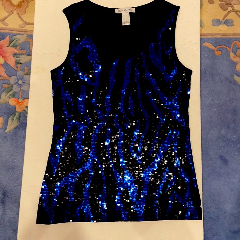 Ladies Royal Blue & Black Sequence scoop neck top